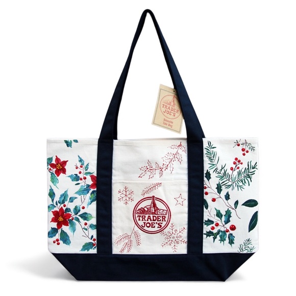 Hand Painted Trader Joe’s Christmas Canvas Tote Bag – Poinsettia & Holly Design - Picture 2 of 5